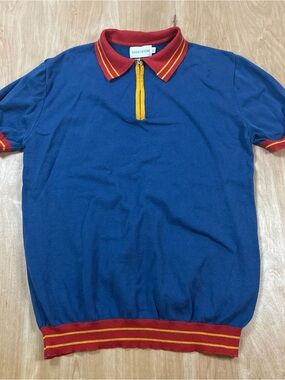 OXKNITSTORE Mens Blue Solid Short Sleeve 1/4 Zip Collared Polo Shirt Size Large